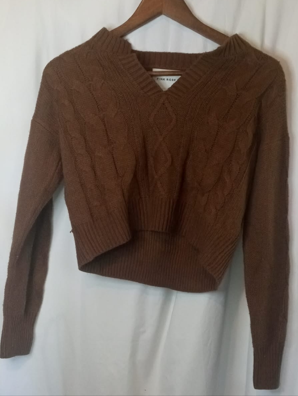 Pink Rose Cable Knit V-Neck Cropped Sweater Brown Vintage Retro 70s 80s 90s Y2K